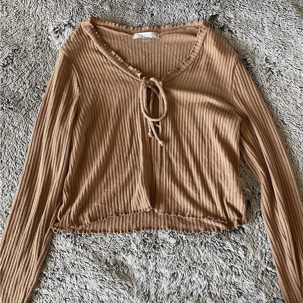 Tan Ribbed Tie-Front Cardigan - Picture 4 of 6